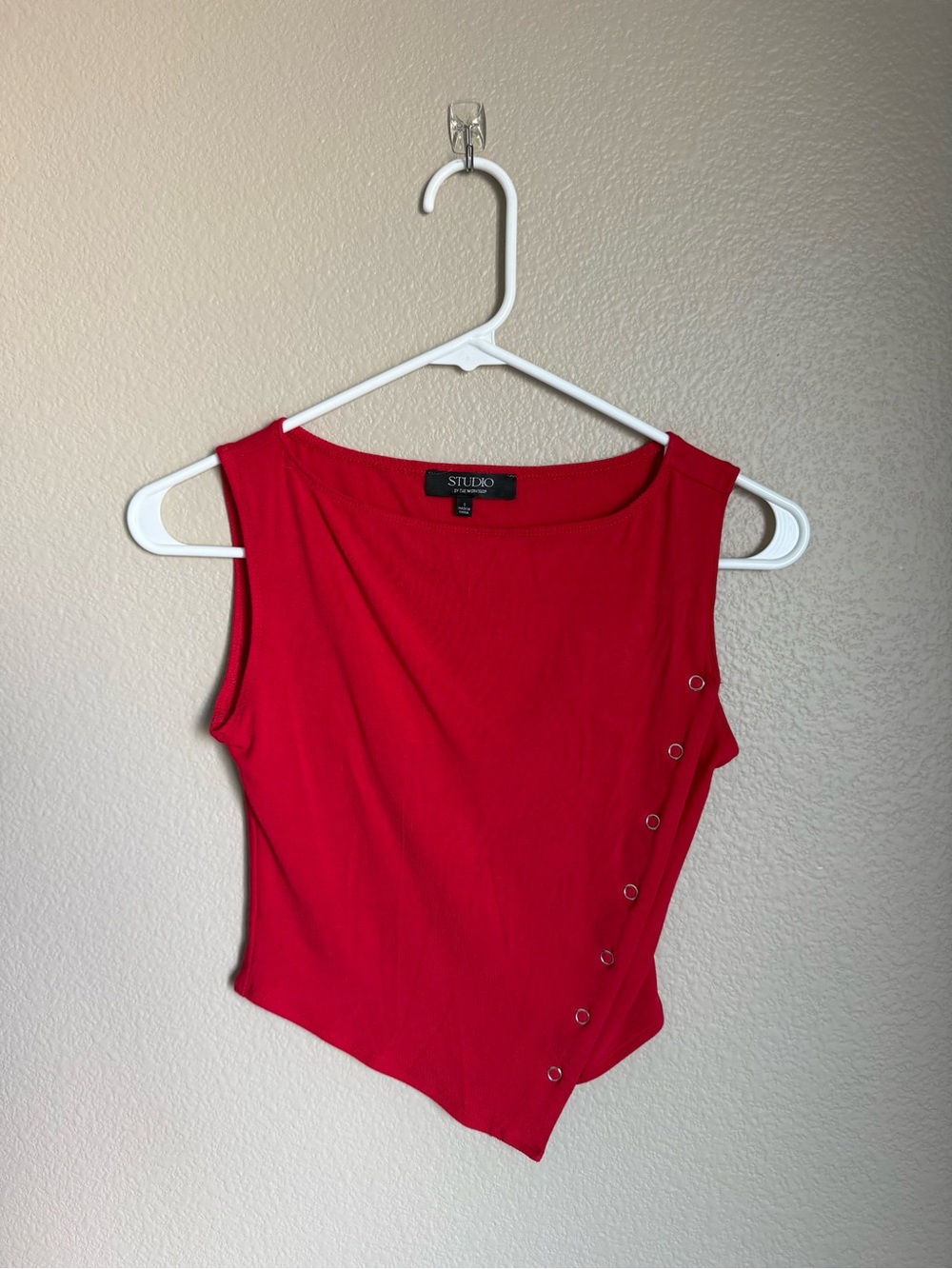 Buckle Red Asymmetric Tank Top with Eyelet Side Detail